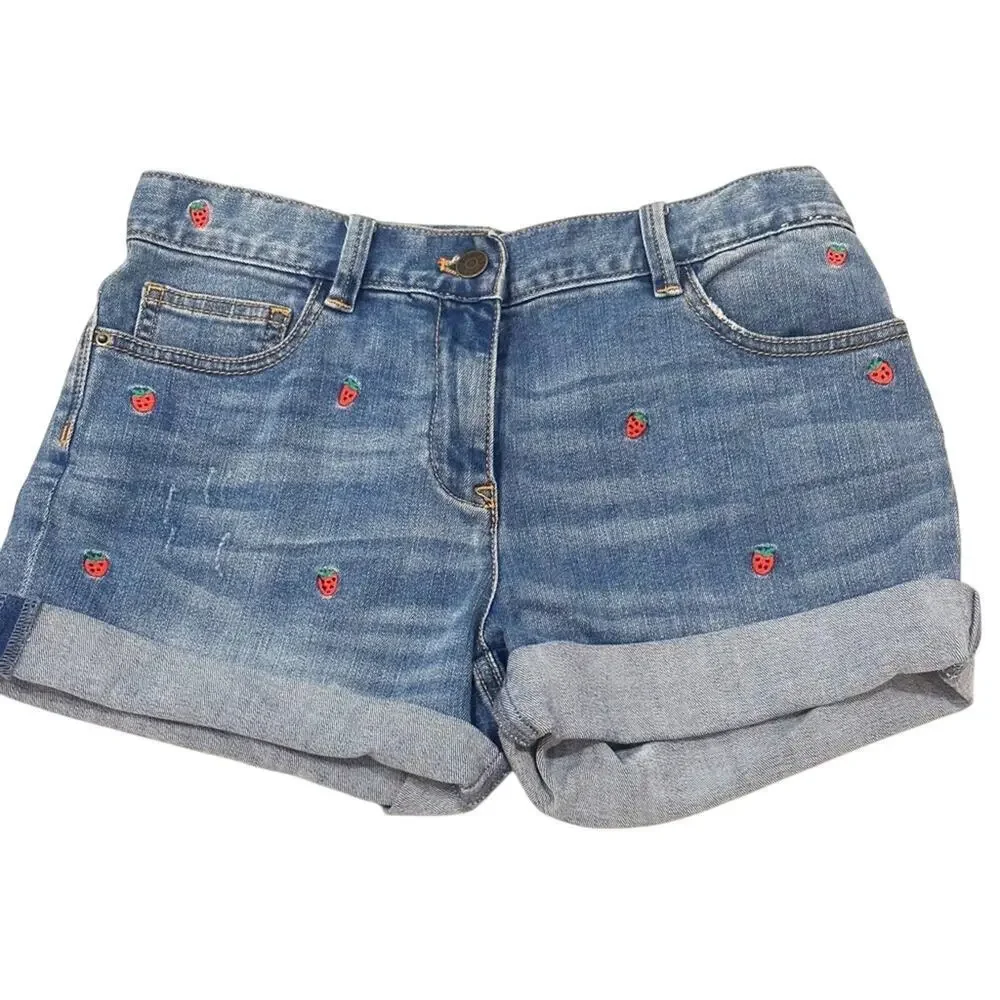 Girls Crewcuts Shorts sz 14 Embroidered Strawberry Design Denim Shorts